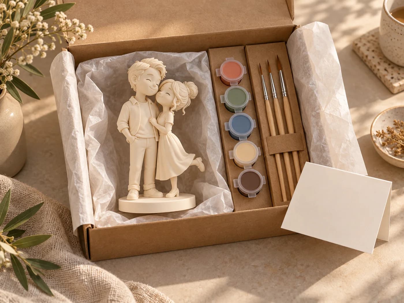 Illustration du kit cadeau MonPetitMoi avec figurine à peindre, peintures et pinceaux