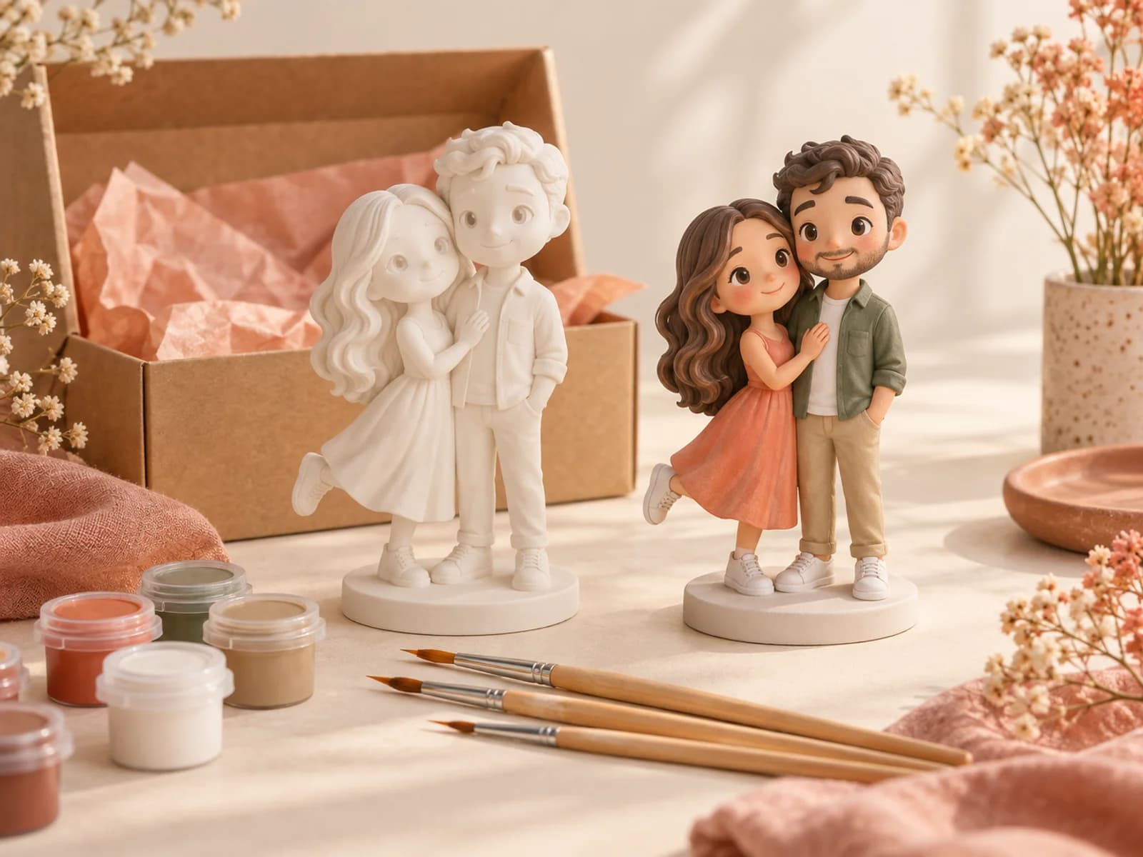 Concept de kit Mon Petit Moi : figurines personnalisées, peintures, pinceaux et boîte cadeau